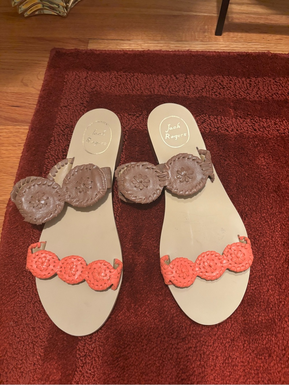 Jack Rogers Two-Tone Leather Slide Sandals in Brown and Coral